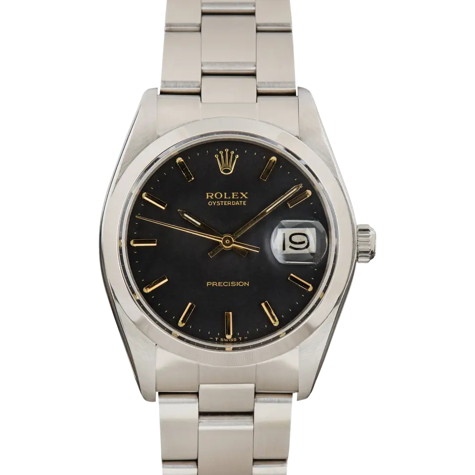 Rolex Oysterdate Precision 6694 with a black OysterDate Precision dial, smooth steel bezel and steel Oyster bracelet, a pre-owned example, front view of the whole watch