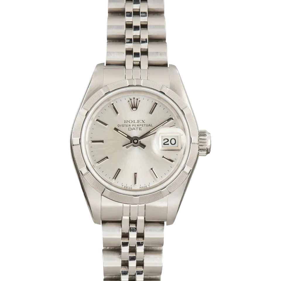 Rolex Oyster Perpetual Lady Date 26 69190 with a silver dial, engine-turned steel bezel and steel Oyster bracelet, a pre-owned example, front view of the whole watch