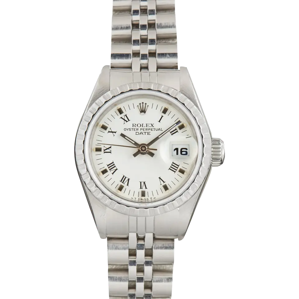 Rolex Oyster Perpetual Lady Date 26 69240 with a white Roman-numeral dial, engine-turned steel bezel and steel Jubilee bracelet, a pre-owned example, front view of the whole watch