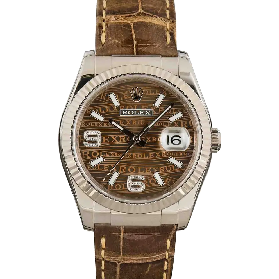 Rolex Datejust 36 116139 with a brown patterned dial and fluted white gold bezel on a brown leather strap, a pre-owned example, front view of the whole watch