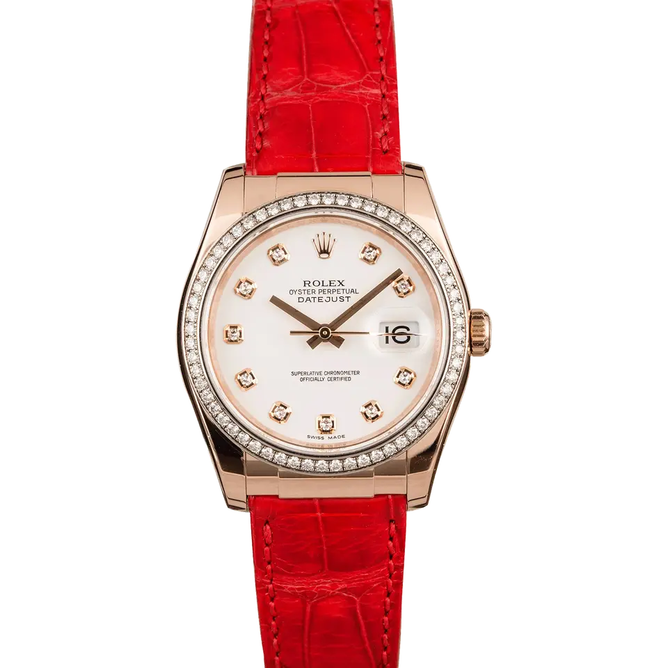 Rolex Datejust 36 116185 with a white dial with diamond hour markers, diamond-set bezel and Everose gold case on a red leather strap, a pre-owned example, front view of the whole watch