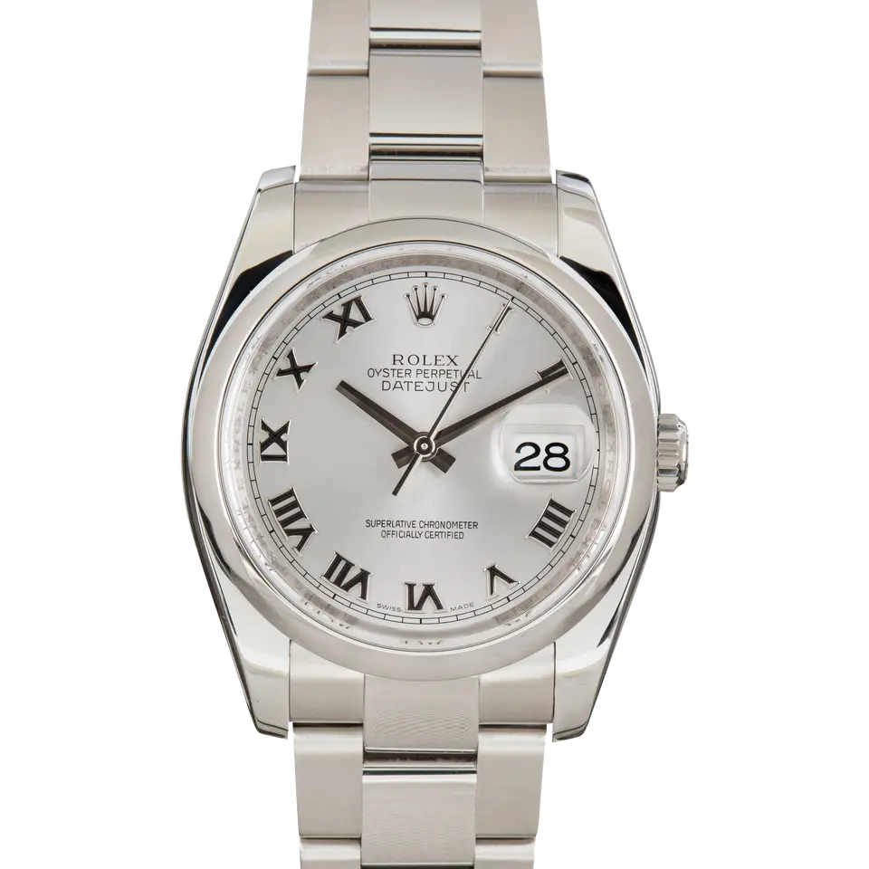 Rolex Datejust 36 116200 with a rhodium dial with Roman numerals and smooth steel bezel on an Oyster bracelet, a pre-owned example, front view of the whole watch