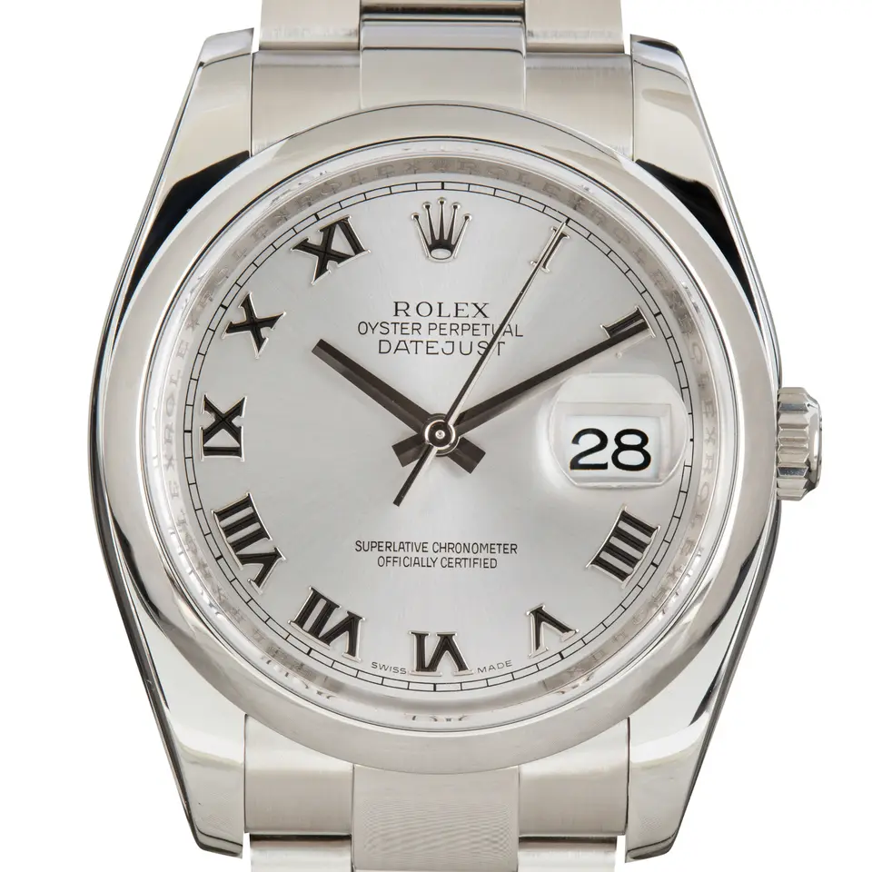 Rolex Datejust 36 116200 with a rhodium dial with Roman numerals and smooth steel bezel on an Oyster bracelet, a pre-owned example, studio close-up of the case