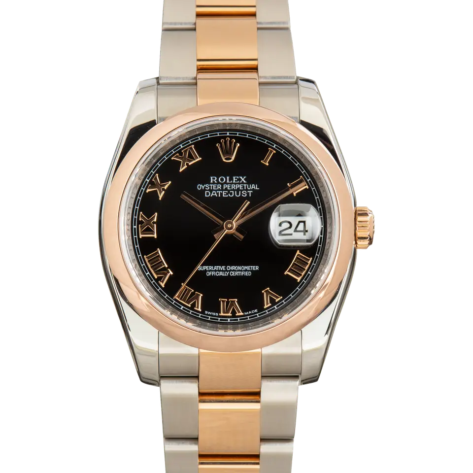 Rolex Datejust 36 116201 with a black dial with Roman numerals and smooth Everose bezel in steel and Everose gold on an Oyster bracelet, a pre-owned example, front view of the whole watch