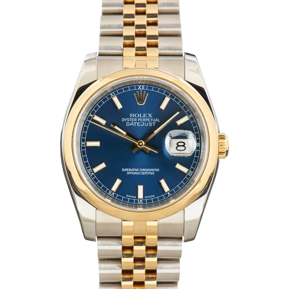 Rolex Datejust 36 116203 with a blue dial and smooth yellow gold bezel in steel and yellow gold on a Jubilee bracelet, a pre-owned example, front view of the whole watch