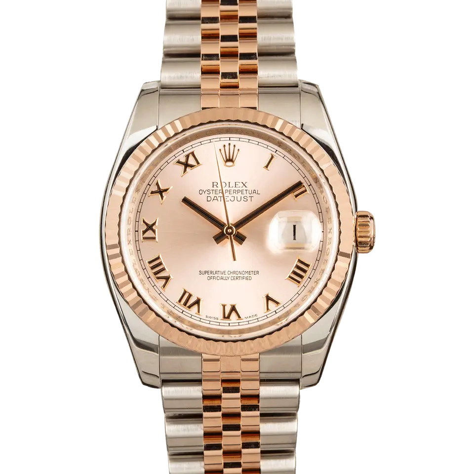 Rolex Datejust 36 116231 with a rosé dial with Roman numerals and fluted Everose bezel in steel and Everose gold on a Jubilee bracelet, a pre-owned example, front view of the whole watch