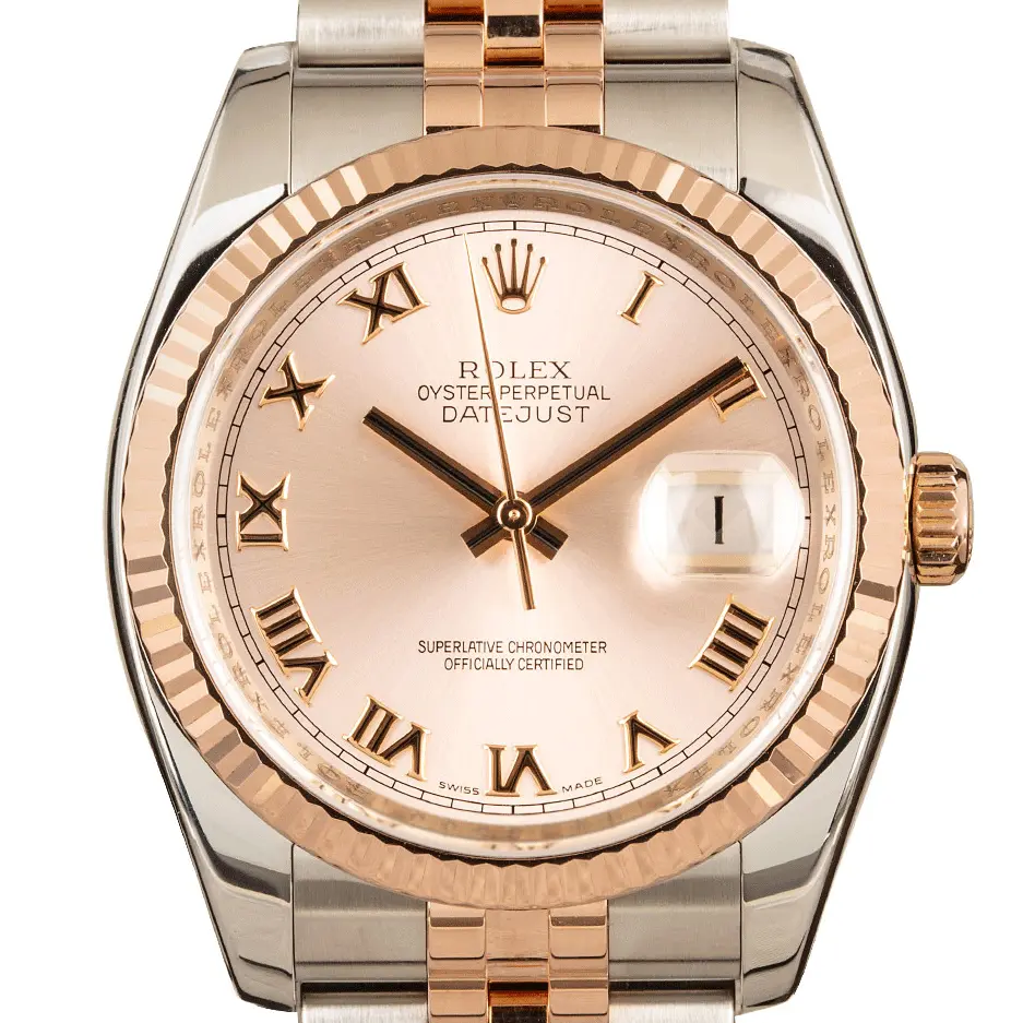 Rolex Datejust 36 116231 with a rosé dial with Roman numerals and fluted Everose bezel in steel and Everose gold on a Jubilee bracelet, a pre-owned example, studio close-up of the case