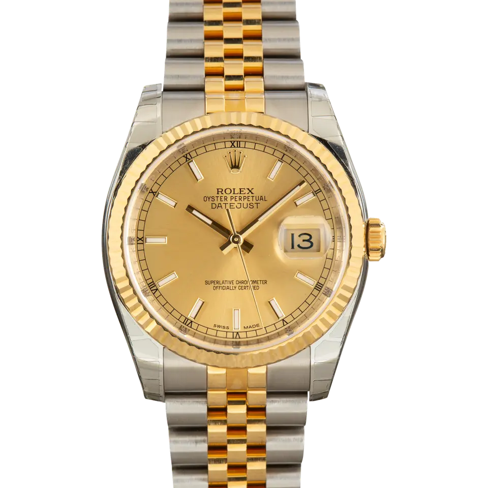 Rolex Datejust 36 116233 with a champagne dial and fluted yellow gold bezel in steel and yellow gold on a Jubilee bracelet, a pre-owned example, front view of the whole watch