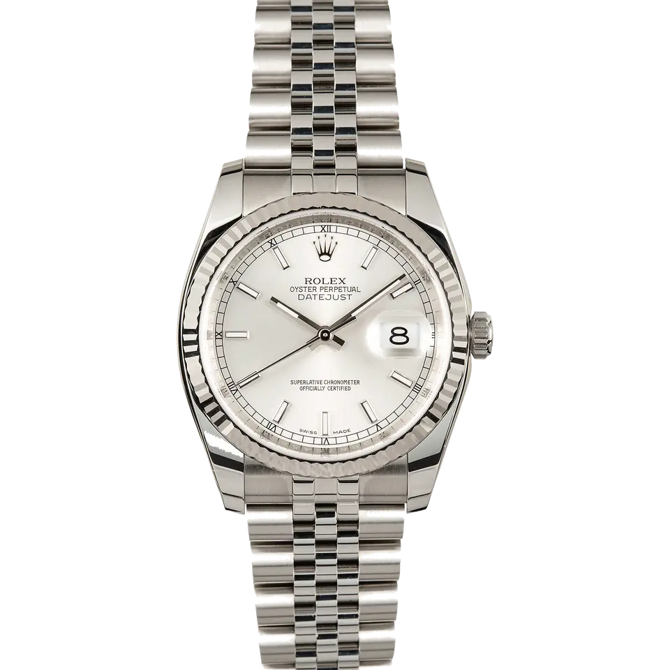 Rolex Datejust 36 116234 with a white dial and fluted white gold bezel on a steel Jubilee bracelet, a pre-owned example, front view of the whole watch