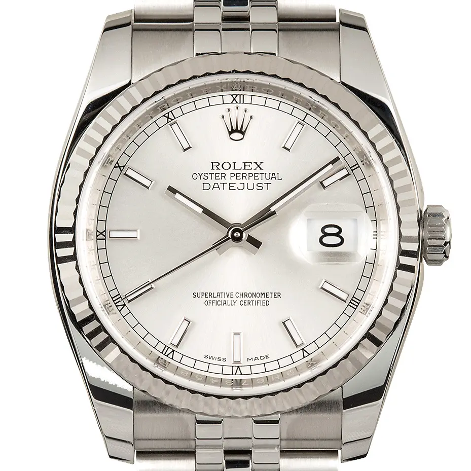 Rolex Datejust 36 116234 with a white dial and fluted white gold bezel on a steel Jubilee bracelet, a pre-owned example, studio close-up of the case