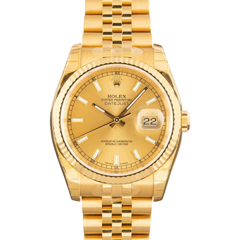 Rolex Datejust 36 116238 with a champagne dial, fluted yellow gold bezel and yellow gold Jubilee bracelet, a pre-owned example, front view of the whole watch