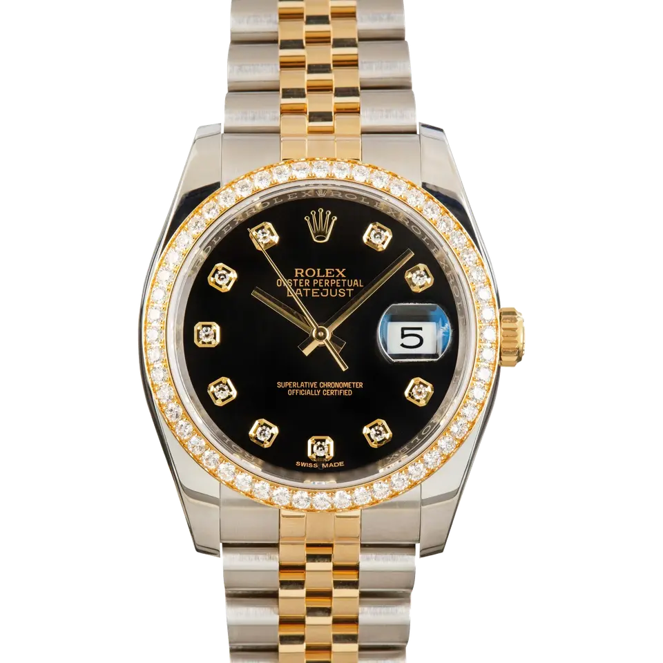 Rolex Datejust 36 116243 with a black dial with diamond markers and diamond-set yellow gold bezel in steel and yellow gold on a Jubilee bracelet, a pre-owned example, front view of the whole watch