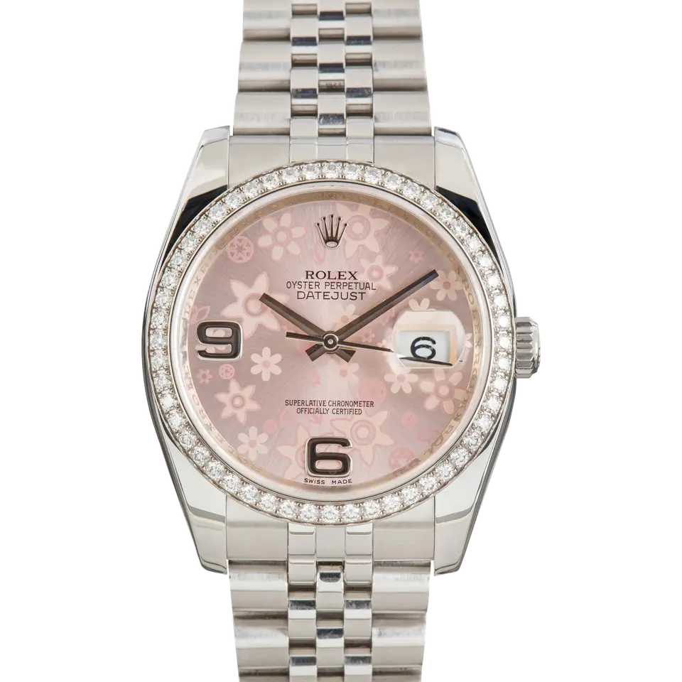 Rolex Datejust 36 116244 with a pink floral dial and diamond-set white gold bezel on a steel Jubilee bracelet, a pre-owned example, front view of the whole watch