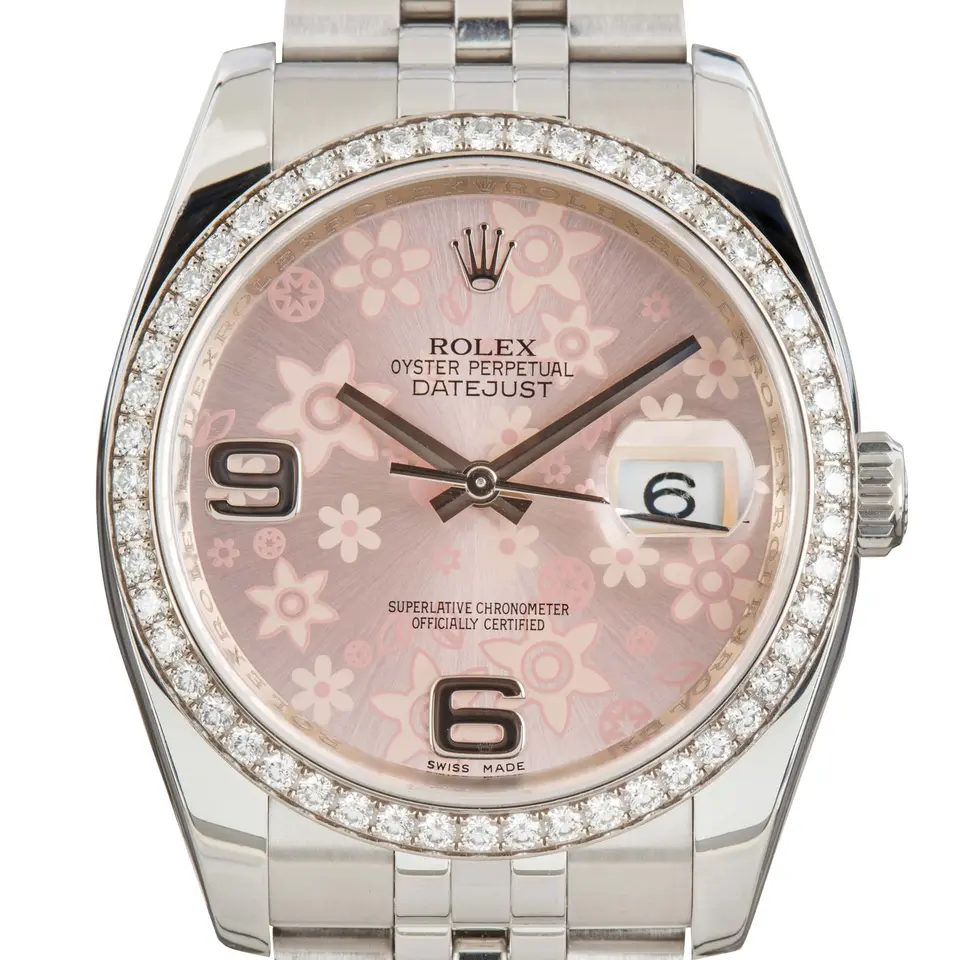 Rolex Datejust 36 116244 with a pink floral dial and diamond-set white gold bezel on a steel Jubilee bracelet, a pre-owned example, studio close-up of the case