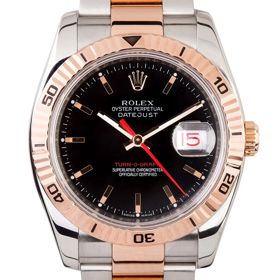 Rolex Datejust Turn-O-Graph 116261 with a black dial with red Turn-O-Graph accents, Everose gold Thunderbird bezel and steel and Everose gold Jubilee bracelet, a pre-owned example, studio close-up of the case
