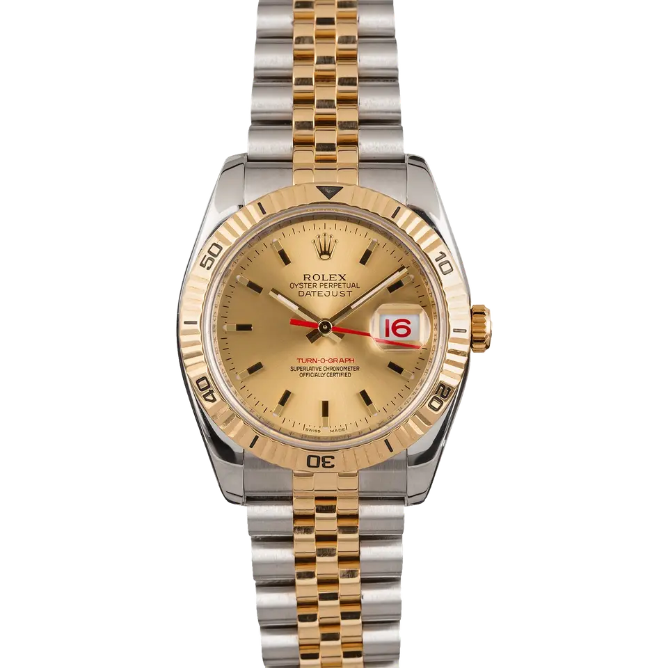 Rolex Datejust Turn-O-Graph 116263 with a champagne dial and rotating yellow gold bezel in steel and yellow gold on a Jubilee bracelet, a pre-owned example, front view of the whole watch
