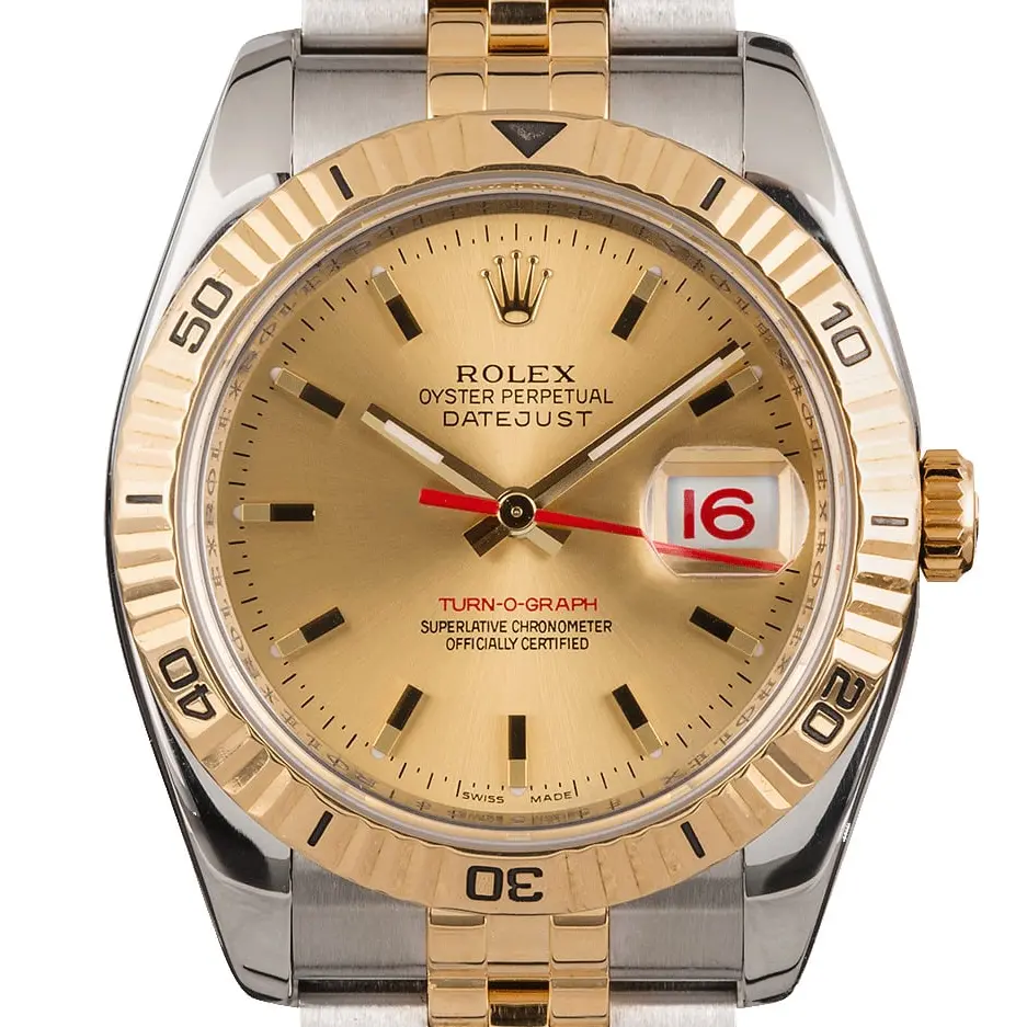 Rolex Datejust Turn-O-Graph 116263 with a champagne dial and rotating yellow gold bezel in steel and yellow gold on a Jubilee bracelet, a pre-owned example, studio close-up of the case
