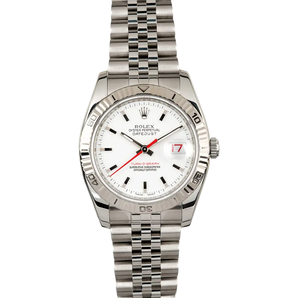 Rolex Datejust Turn-O-Graph 116264 with a white dial and rotating white gold bezel on a steel Jubilee bracelet, a pre-owned example, front view of the whole watch