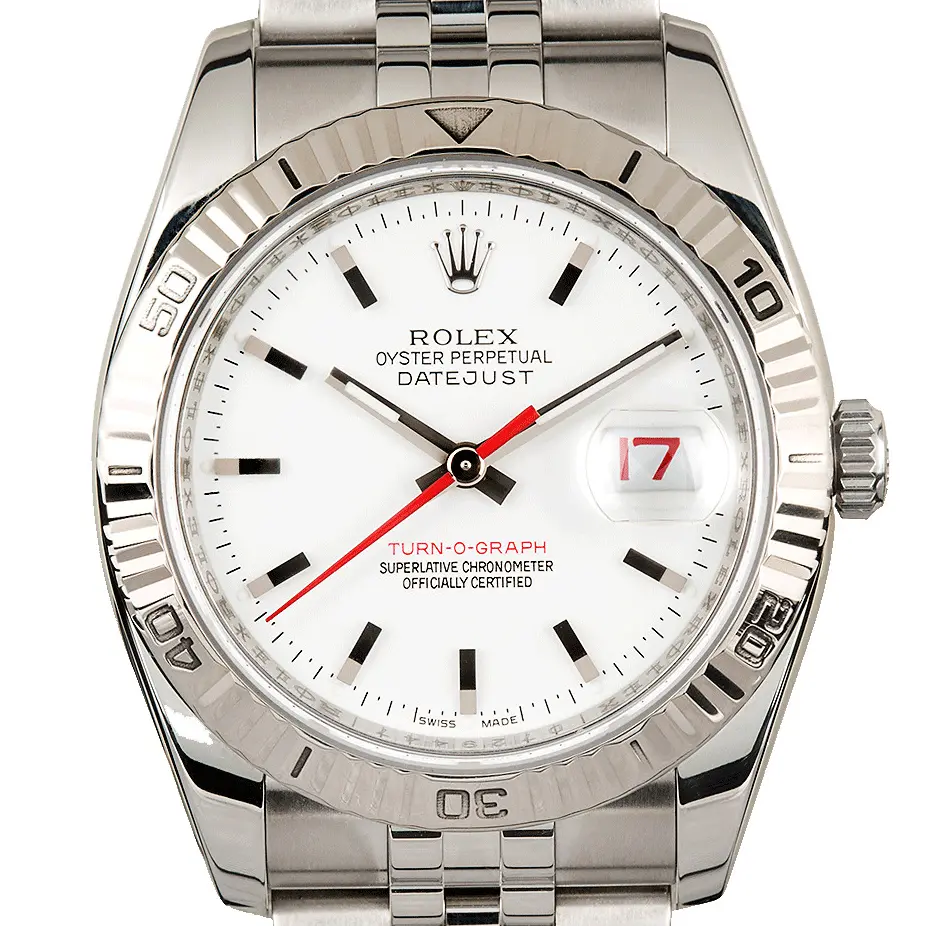Rolex Datejust Turn-O-Graph 116264 with a white dial and rotating white gold bezel on a steel Jubilee bracelet, a pre-owned example, studio close-up of the case
