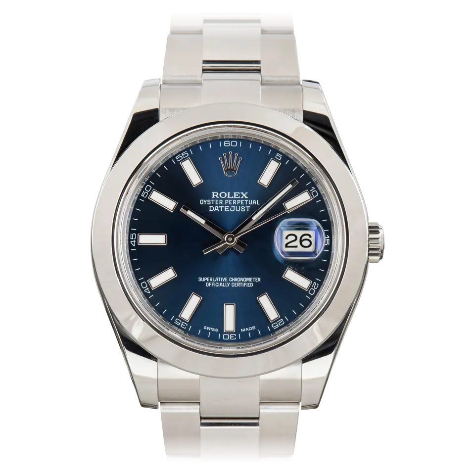 Rolex Datejust II 116300 with a blue dial and smooth steel bezel on an Oyster bracelet, a pre-owned example, front view of the whole watch