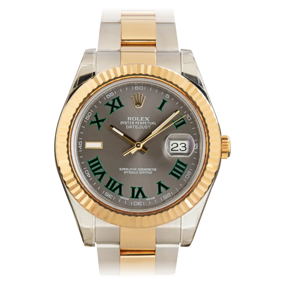Rolex Datejust II 116333 with a slate dial with green Roman numerals and fluted yellow gold bezel in steel and yellow gold on an Oyster bracelet, a pre-owned example, front view of the whole watch