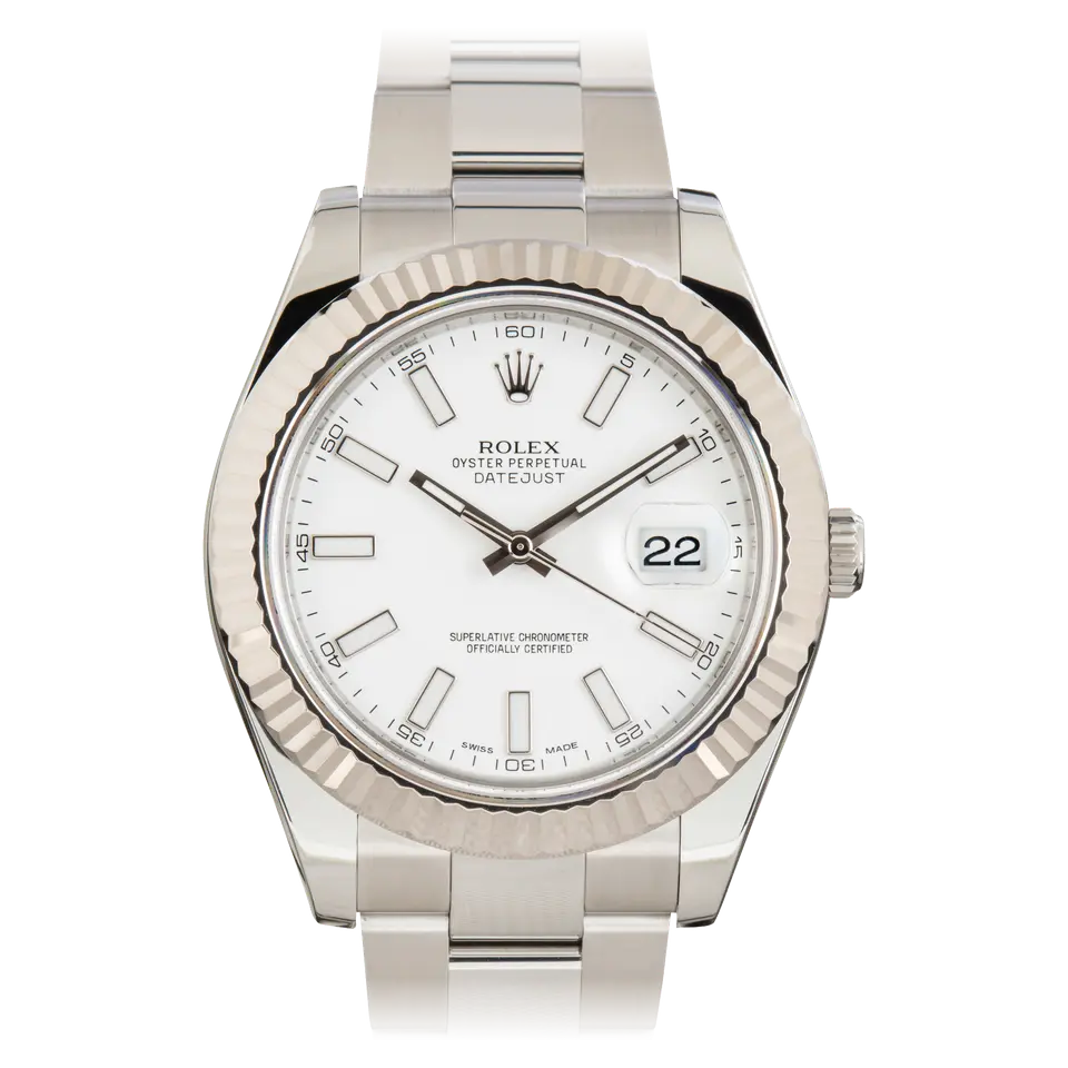 Rolex Datejust II 116334 with a white dial and fluted white gold bezel on a steel Oyster bracelet, a pre-owned example, front view of the whole watch