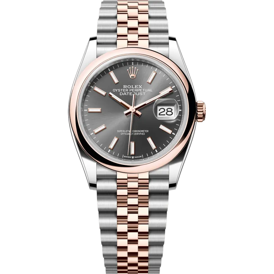 Rolex Datejust 36 126201 with a slate dial and a smooth Everose gold bezel on an Everose Rolesor Jubilee bracelet, front view