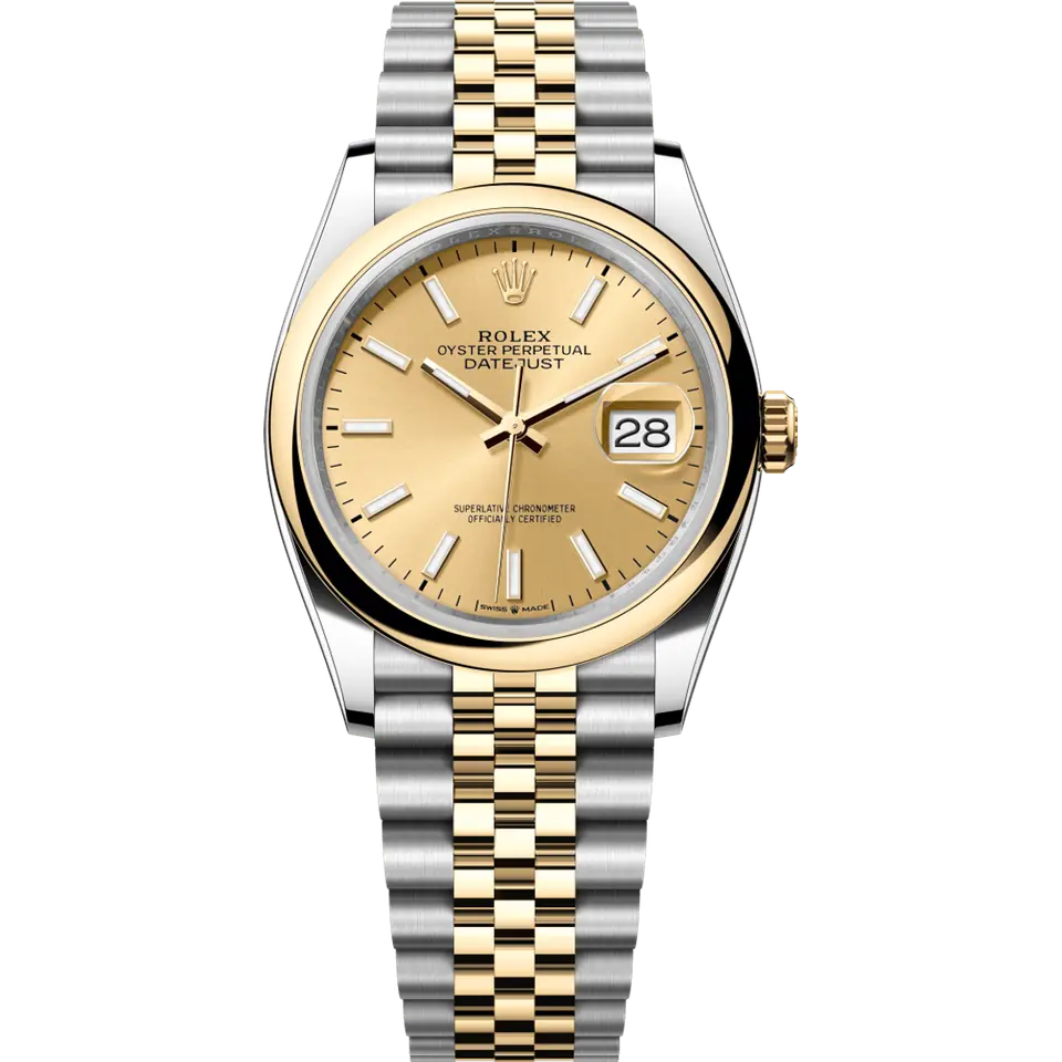 Rolex Datejust 36 126203 with a golden dial and a smooth yellow gold bezel on a yellow Rolesor Jubilee bracelet, front view