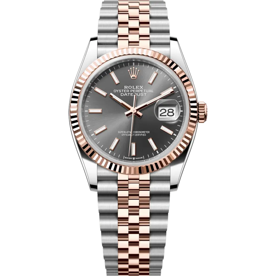 Rolex Datejust 36 126231 with a slate dial and a fluted Everose gold bezel on an Everose Rolesor Jubilee bracelet, front view