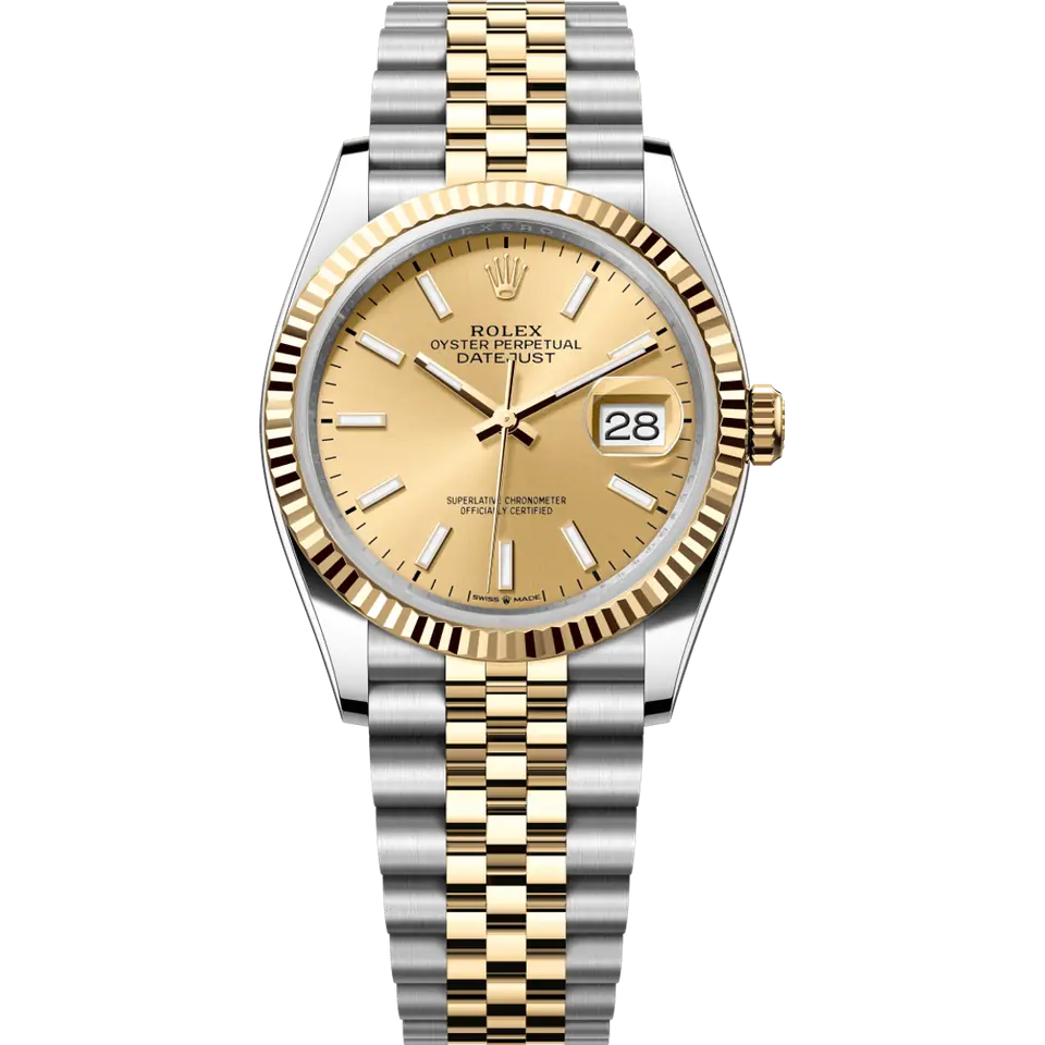 Rolex Datejust 36 126233 with a golden dial and a fluted yellow gold bezel on a yellow Rolesor Jubilee bracelet, front view