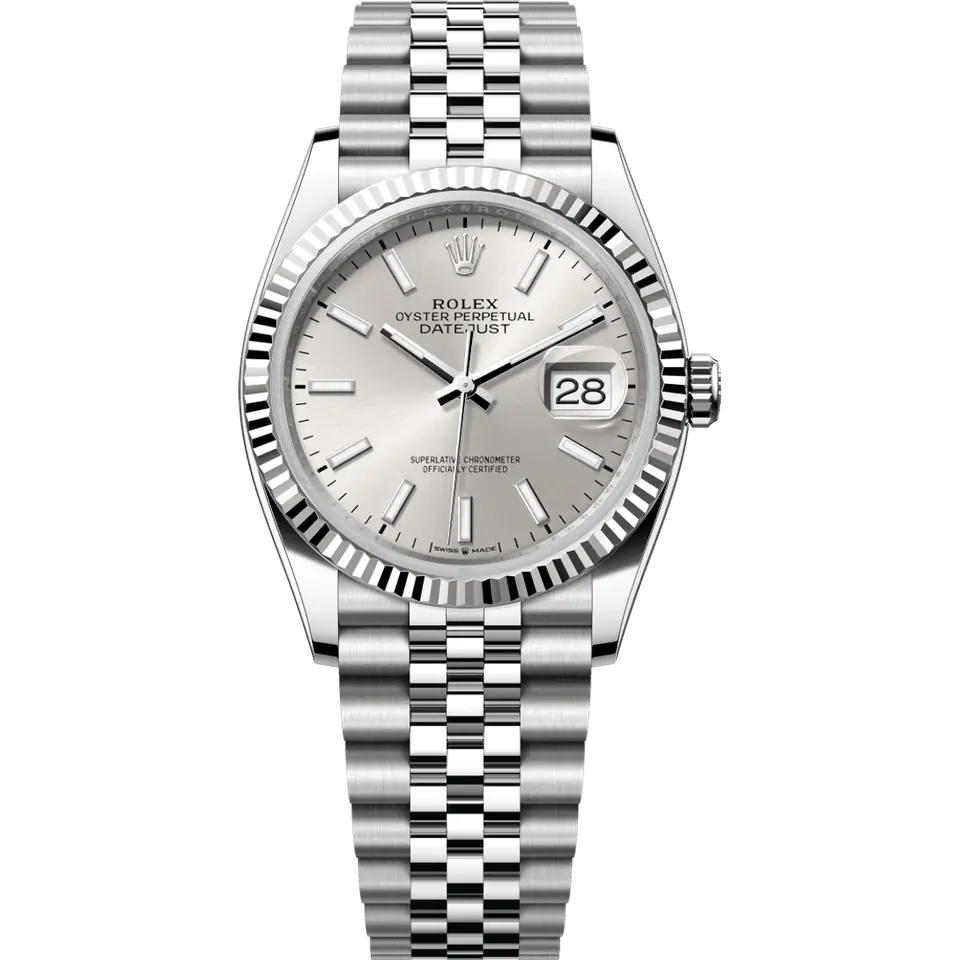 Rolex Datejust 36 126234 with a silver dial and a fluted white gold bezel on a Jubilee bracelet, front view