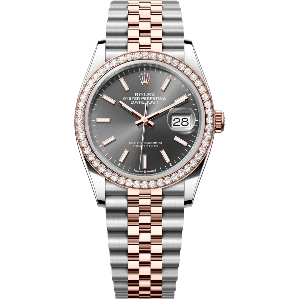 Rolex Datejust 36 126281RBR with a slate dial, a diamond-set Everose gold bezel and an Everose Rolesor Jubilee bracelet, front view