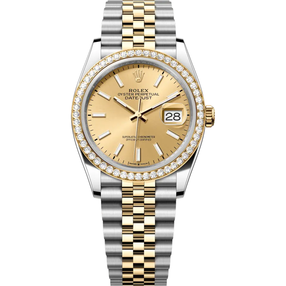 Rolex Datejust 36 126283RBR with a golden dial and a diamond-set yellow gold bezel on a yellow Rolesor Jubilee bracelet, front view