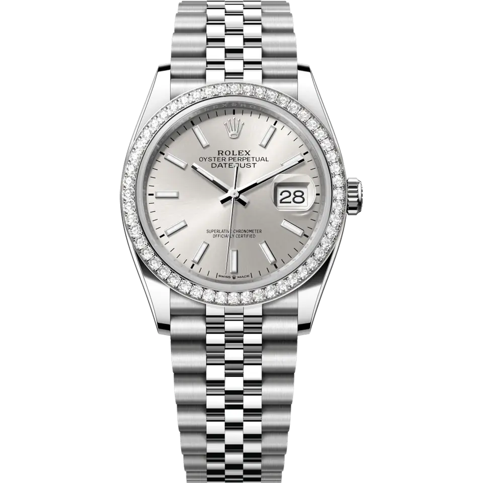 Rolex Datejust 36 126284RBR with a silver dial and a diamond-set white gold bezel on a Jubilee bracelet, front view