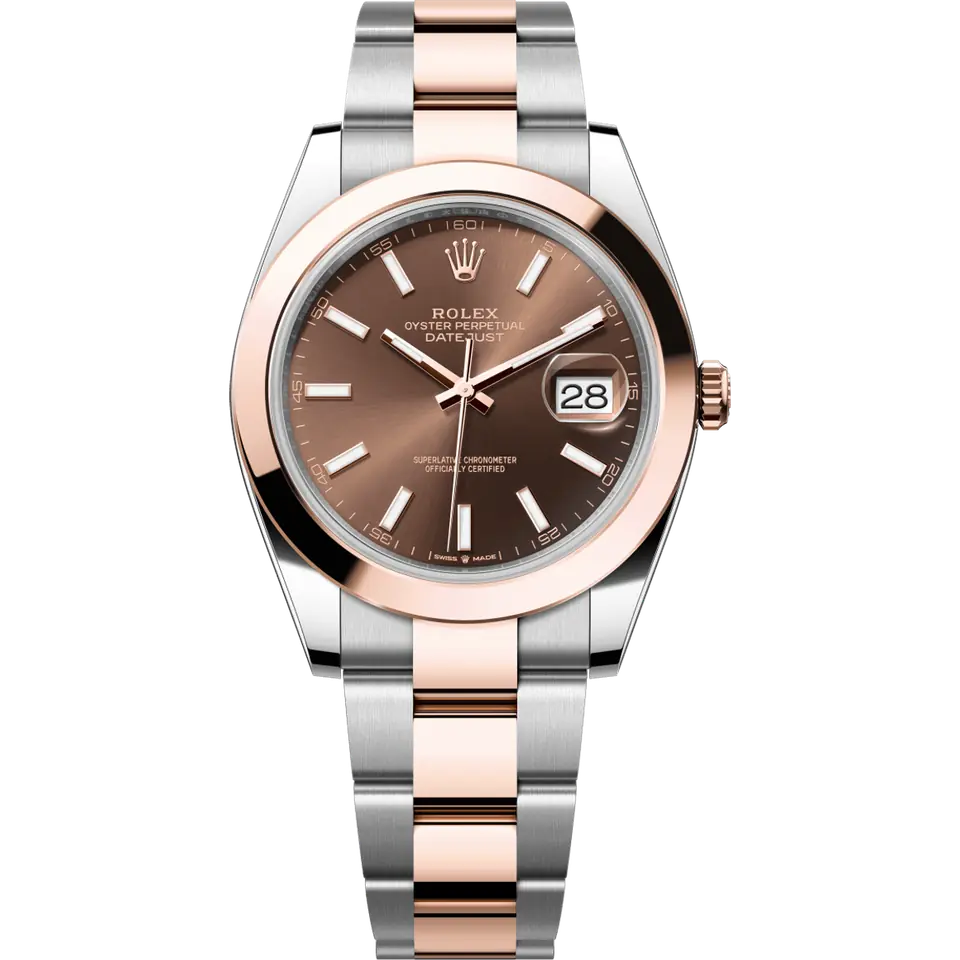 Rolex Datejust 41 126301 with a chocolate dial and a smooth Everose gold bezel on an Everose Rolesor Oyster bracelet, front view