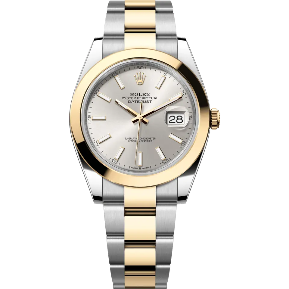 Rolex Datejust 41 126303 with a silver dial and a smooth yellow gold bezel on a yellow Rolesor Oyster bracelet, front view