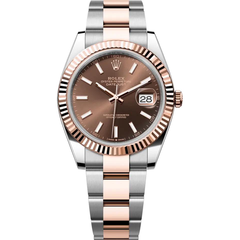 Rolex Datejust 41 126331 with a chocolate dial and a fluted Everose gold bezel on an Everose Rolesor Oyster bracelet, front view