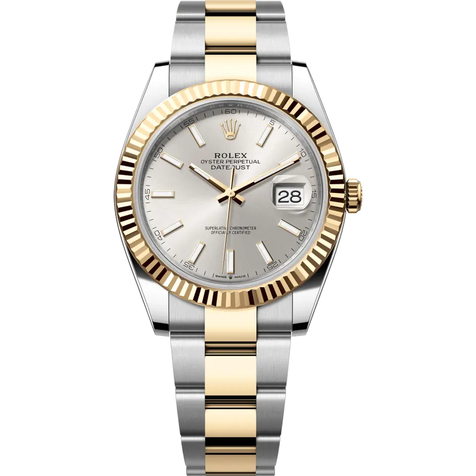 Rolex Datejust 41 126333 with a silver dial and a fluted yellow gold bezel on a yellow Rolesor Oyster bracelet, front view