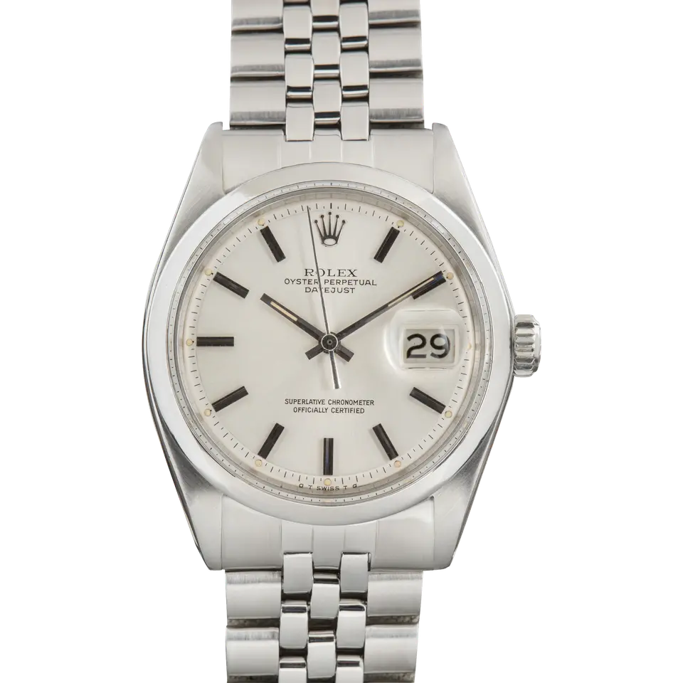 Rolex Datejust 1600 with a silver pie-pan dial and smooth steel bezel on a Jubilee bracelet, a pre-owned example, front view of the whole watch