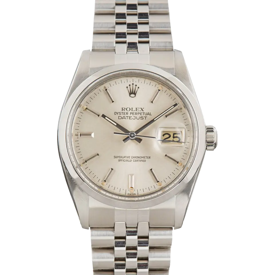 Rolex Datejust 16000 with a silver dial, engine-turned steel bezel and steel Jubilee bracelet, a pre-owned example, front view of the whole watch