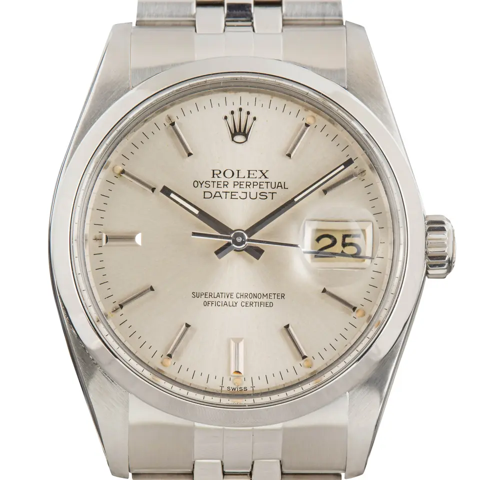 Rolex Datejust 16000 with a silver dial, engine-turned steel bezel and steel Jubilee bracelet, a pre-owned example, studio close-up of the case