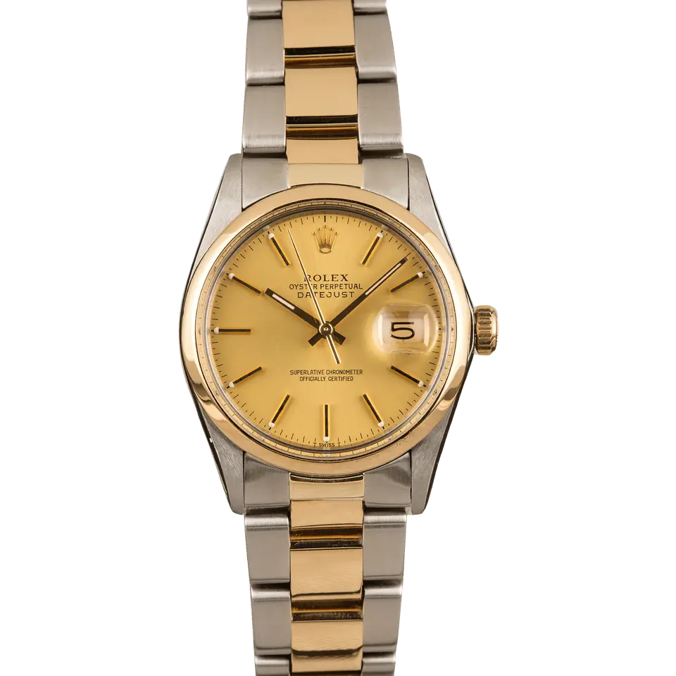 Rolex Datejust 36 16003 with a champagne dial, smooth yellow gold bezel and steel and gold Jubilee bracelet, a pre-owned example, front view of the whole watch