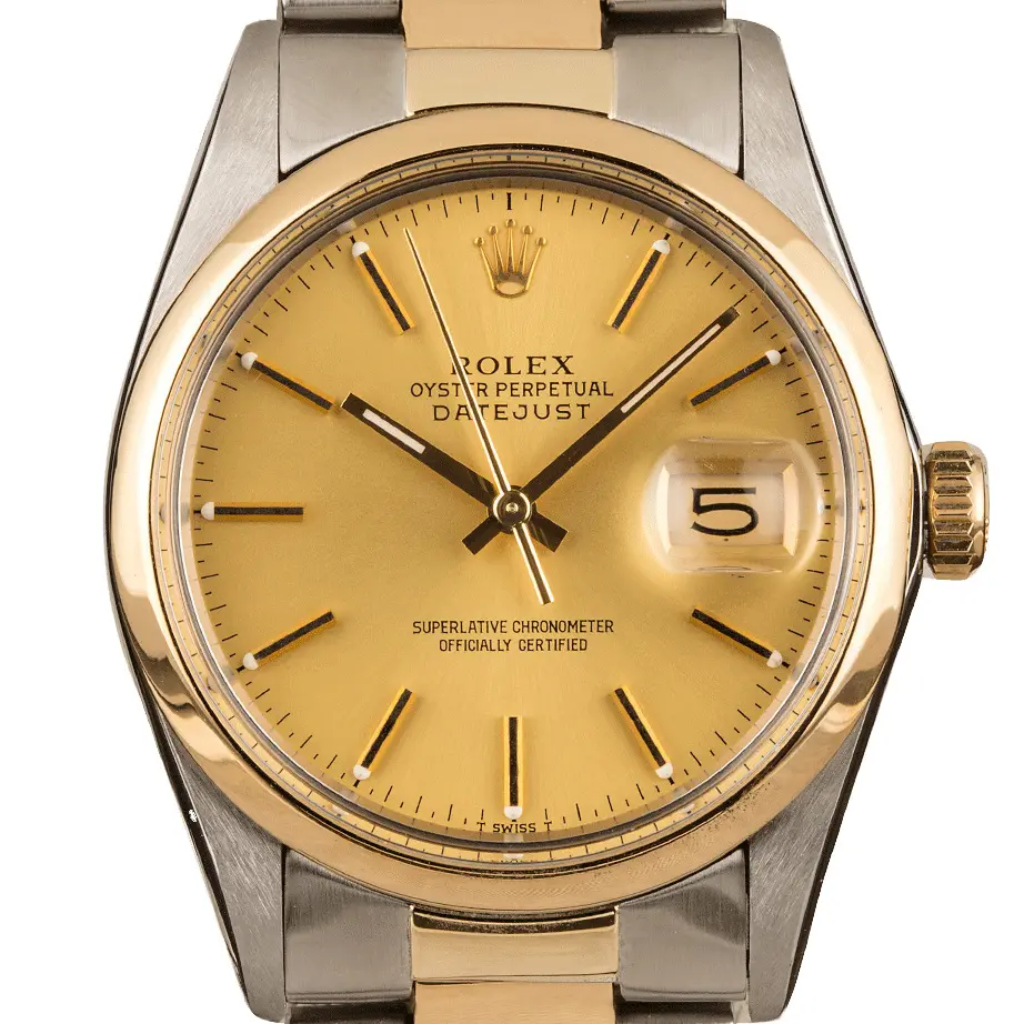 Rolex Datejust 36 16003 with a champagne dial, smooth yellow gold bezel and steel and gold Jubilee bracelet, a pre-owned example, studio close-up of the case