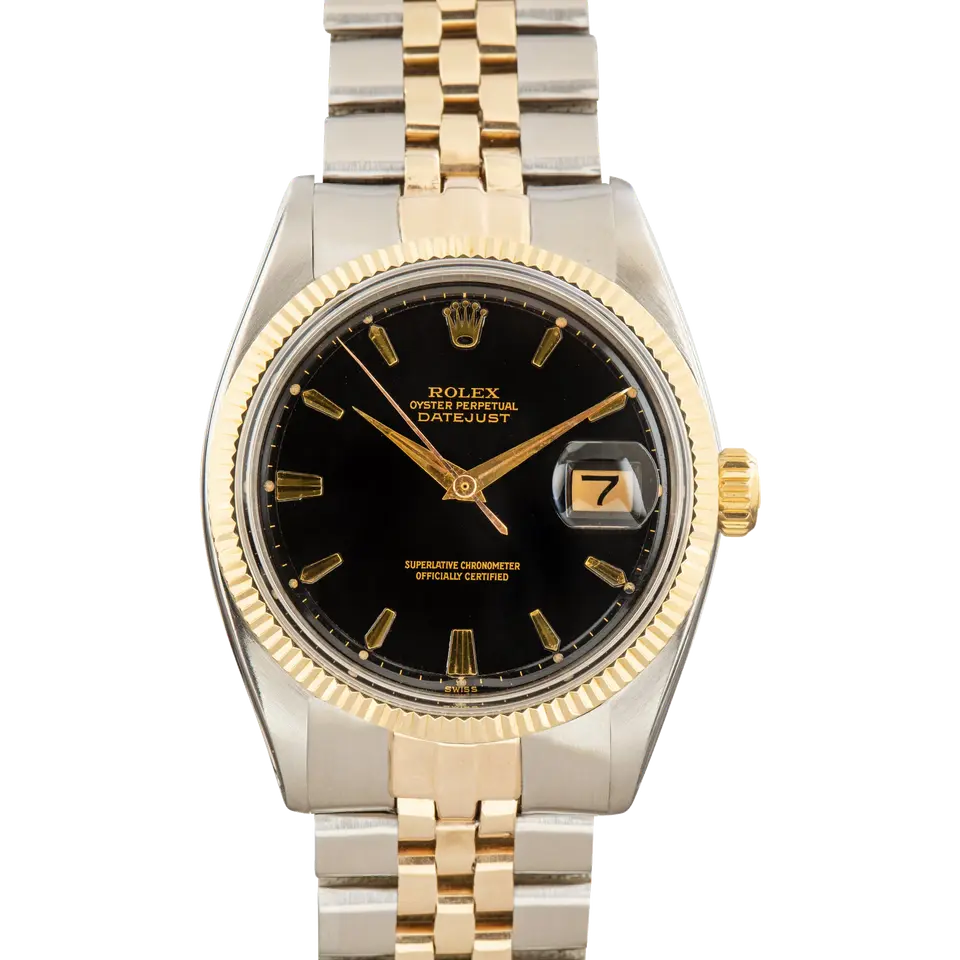 Rolex Datejust 1601 with a black pie-pan dial and fluted yellow gold bezel on a Jubilee bracelet, a pre-owned example, front view of the whole watch