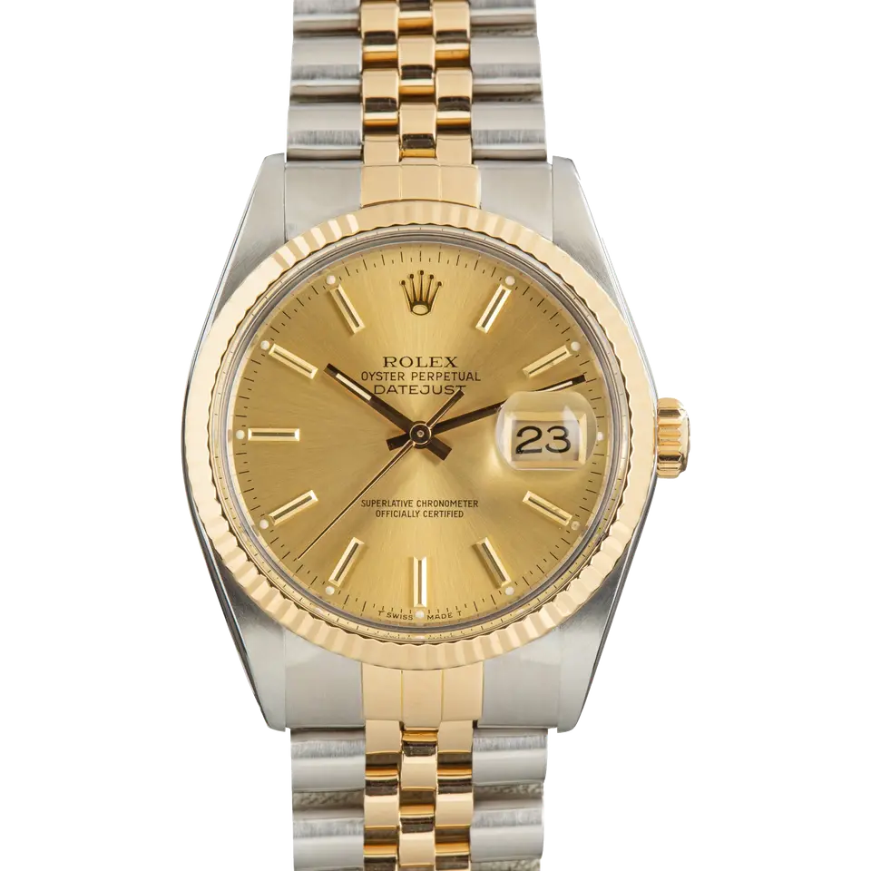 Rolex Datejust 16013 with a champagne dial with baton markers and date and a fluted yellow gold bezel on a two-tone Jubilee bracelet, a pre-owned example, front view of the whole watch