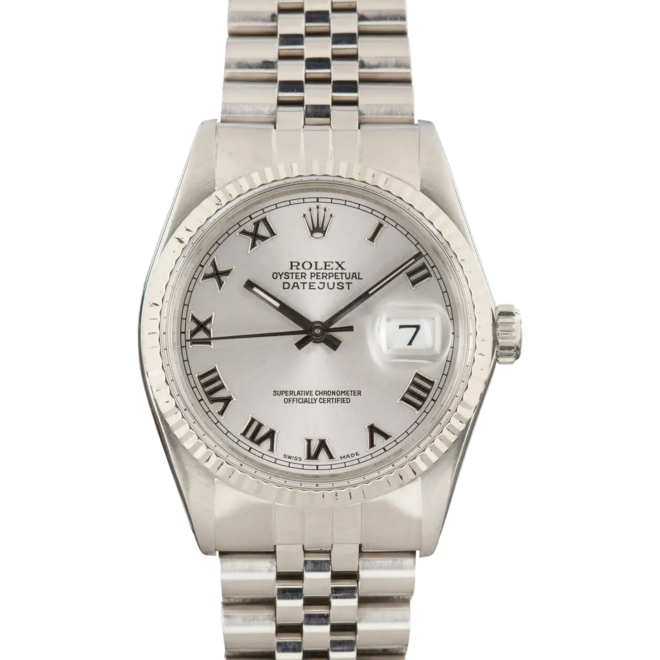 Rolex Datejust 16014 with a silver dial with Roman numerals and fluted white gold bezel on a Jubilee bracelet, a pre-owned example, front view of the whole watch