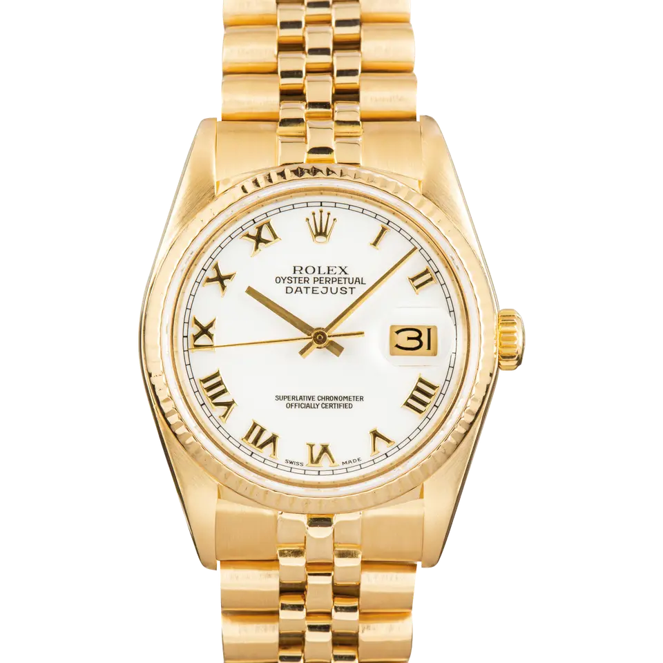 Rolex Datejust 16018 with a white dial with Roman numerals and fluted bezel in yellow gold on a Jubilee bracelet, a pre-owned example, front view of the whole watch