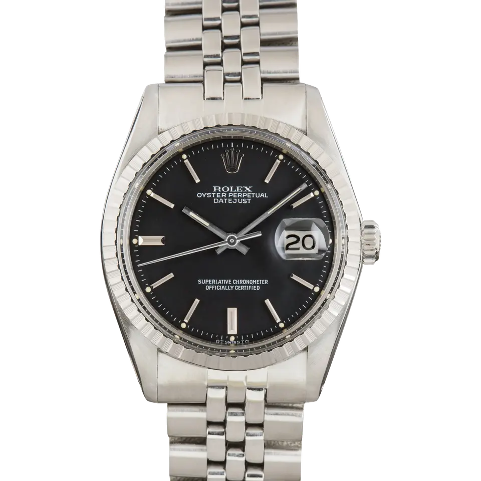 Rolex Datejust 1603 with a black dial and engine-turned steel bezel on a Jubilee bracelet, a pre-owned example, front view of the whole watch