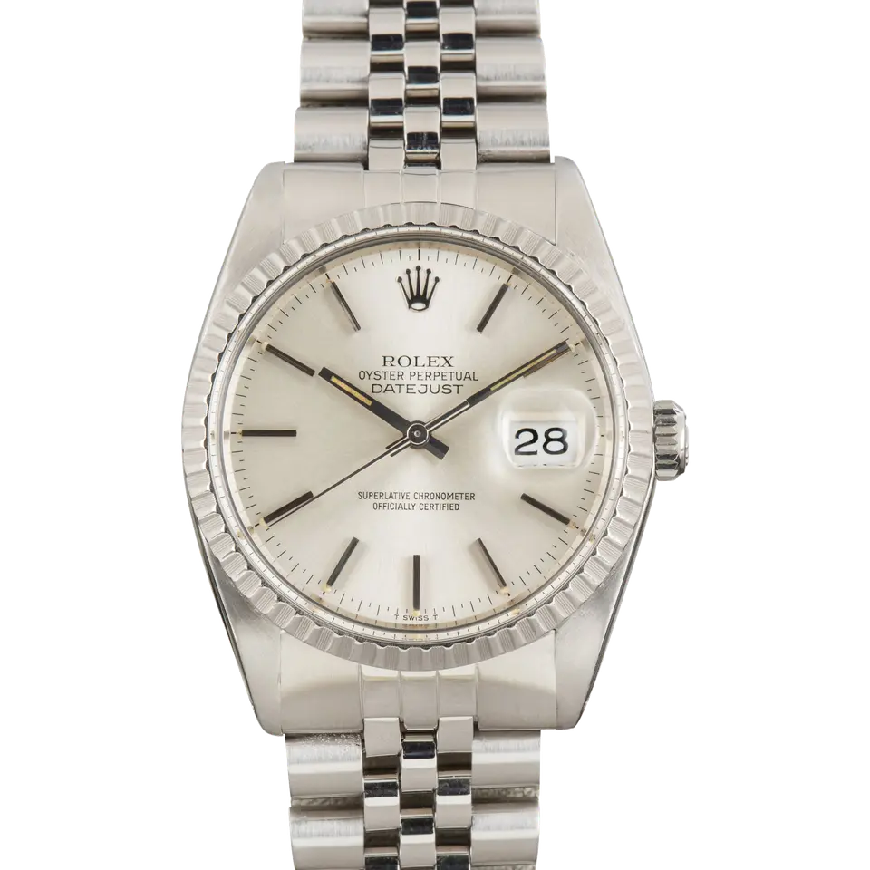 Rolex Datejust 16030 with a silver dial and engine-turned steel bezel on a Jubilee bracelet, a pre-owned example, front view of the whole watch