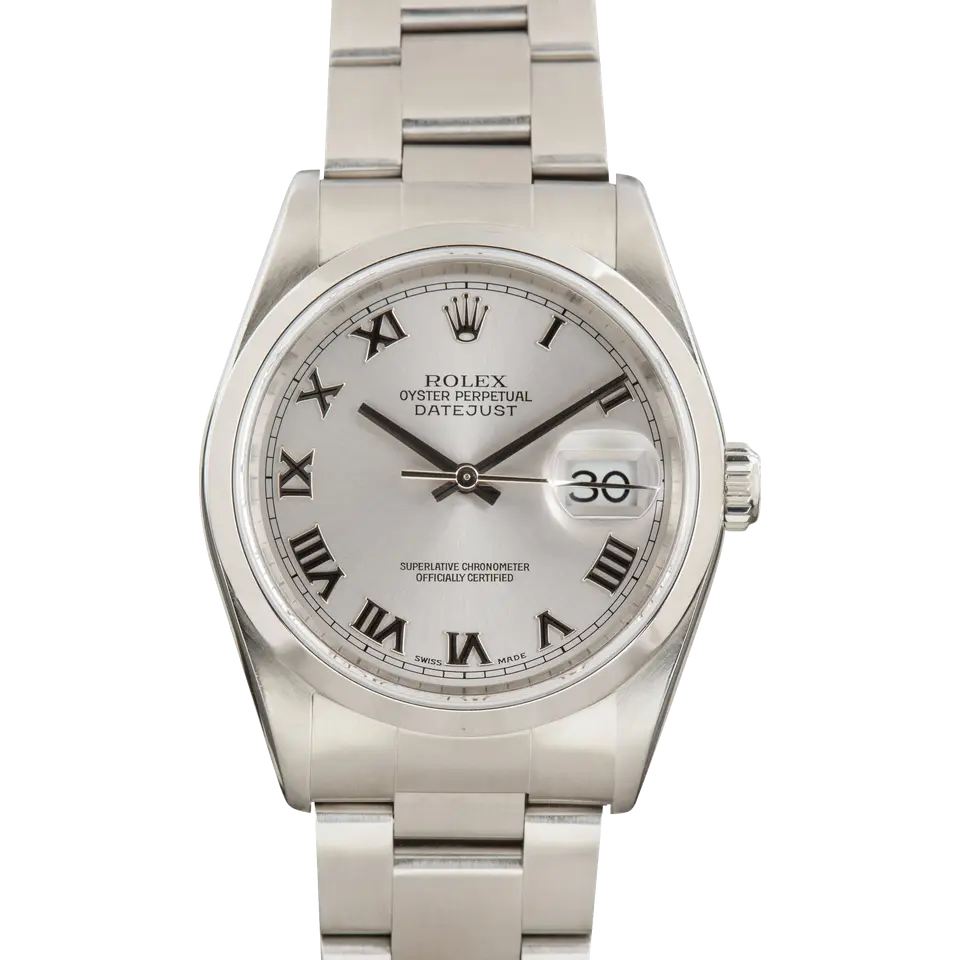 Rolex Datejust 16200 with a silver dial with Roman numerals and smooth steel bezel on an Oyster bracelet, a pre-owned example, front view of the whole watch